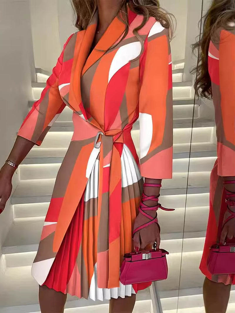 Velvet Dusk: Autumn V-Neck Cinched Waist Printed Dress