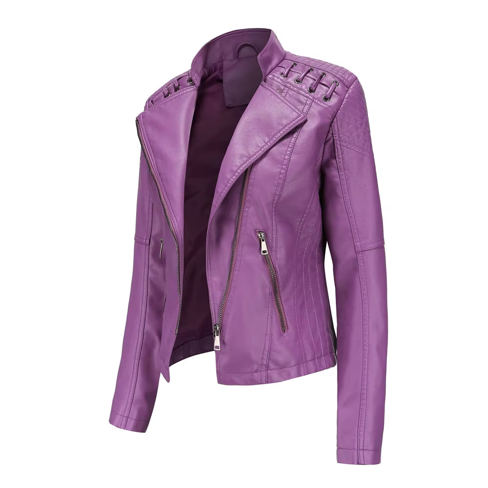 New Spring Autumn Women Faux Leather Jacket Pu Motorcycle Biker Purple Coat Slim Zipper Motorcycles Locomotive Outerwear 4XL